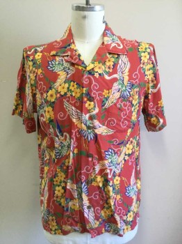 Mens, Hawaiian Shirt, POLO RALPH LAUREN, Dusty Red, Blue, Yellow, Green, White, Viscose, Floral, Novelty Pattern, L, Button Front, Short Sleeves, Collar Attached, Crane and Flower Print, 2 Pockets, Double
