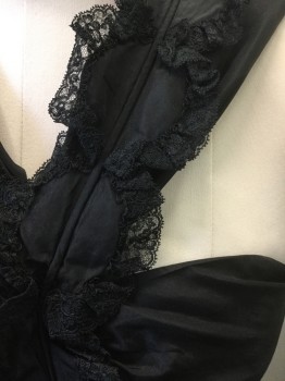 Womens, Cocktail Dress, GOTHE, Black, Silk, Solid, W:28, B:38, Taffeta, Crossed Halter Straps, Self Scallopped Trim with Black Lace Edging Throughout (On Straps, on Panels on Skirt), Gathered at Center Front Bust, Panelled Circle Skirt, "Gothe" Label on Inside Near Hem