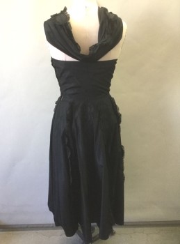 Womens, Cocktail Dress, GOTHE, Black, Silk, Solid, W:28, B:38, Taffeta, Crossed Halter Straps, Self Scallopped Trim with Black Lace Edging Throughout (On Straps, on Panels on Skirt), Gathered at Center Front Bust, Panelled Circle Skirt, "Gothe" Label on Inside Near Hem