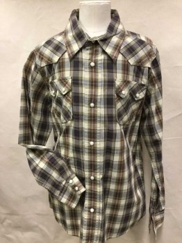 LUCKY BRAND, Dk Brown, Yellow, Olive Green, Heather Gray, Black, Cotton, Plaid, Western Style, Collar Attached, Yoke, 2 Pockets W/flap, Long Sleeves,
