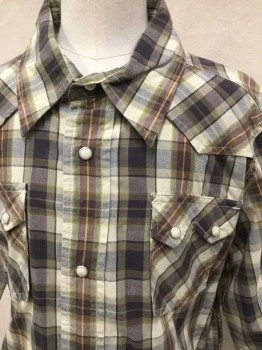 LUCKY BRAND, Dk Brown, Yellow, Olive Green, Heather Gray, Black, Cotton, Plaid, Western Style, Collar Attached, Yoke, 2 Pockets W/flap, Long Sleeves,