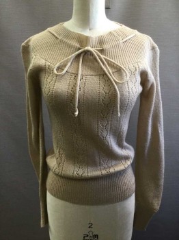 Womens, Sweater, SOFTKNIT, Tan Brown, Acrylic, Solid, B28-32, S, Patterned Knit Vertical Stripes, Ribbed Knit Yoke with Self Rope Woven Through, Ribbed Knit Cuff/Waistband