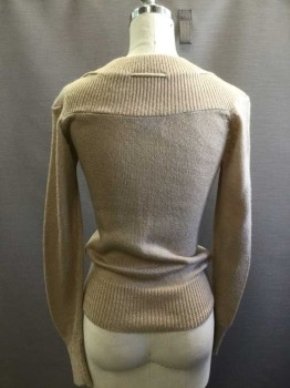 Womens, Sweater, SOFTKNIT, Tan Brown, Acrylic, Solid, B28-32, S, Patterned Knit Vertical Stripes, Ribbed Knit Yoke with Self Rope Woven Through, Ribbed Knit Cuff/Waistband