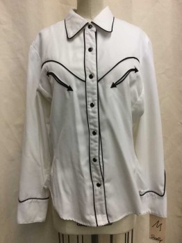 SCULLY, White, Black, Polyester, Rayon, Solid, White, Black Piping Trim, Snap Front, Collar Attached, Long Sleeves,