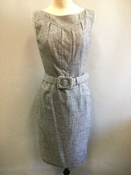 Womens, Dress, Sleeveless, ESCADA, Gray, Dk Gray, Lt Gray, Wool, Silk, Speckled, 6, Sleeveless, Bateau/Boat Neck, 4 Inverted Pleats/Darts at Bust, Knee Length, Sheath, **2 Pieces: Comes with Self Fabric Belt, Structured, with Self Fabric Rectangular Buckle