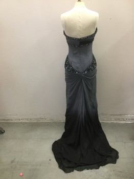 MNM, Gray, Black, Silver, Silk, Beaded, Solid, Gray Chiffon Strapless Bodice with Black Ombre Lower, Black & Silver Beading on Bodice, Zipper Center Back,