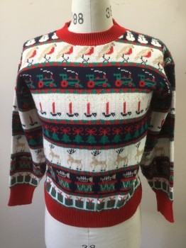 Mens, Pullover Sweater, SWEATERS USA, White, Navy Blue, Red, Green, Tan Brown, Acrylic, Novelty Pattern, Holiday, M, with Birds/Trains/Candles/Deer/Presents, Red Ribbed Knit Crew Neck/Waistband/Cuff, Xmas