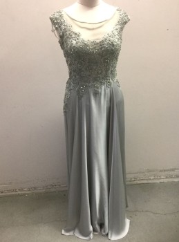 AMELIA COUTURE, Gray, Silver, Polyester, Rhinestones, Floral, Solid, Bodice is Sheer Net with Floral Lace Appliqués, Cap Sleeve, Bateau/Boat Neck, Sheer Net Near Neckline, Solid Gray Satin From Waist Down, Floor Length Hem