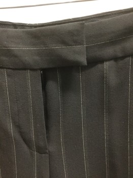 ANNE KLEIN, Black, Lt Gray, White, Polyester, Rayon, Stripes - Pin, Black with Light Gray and White Vertical Pinstripes, Mid Rise, Wide Leg, Zip Fly, Tab Waist, 4 Pockets,