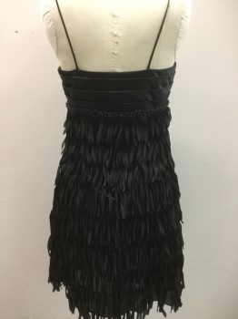 JS COLLECTIONS, Black, Synthetic, Solid, Satin Pleated Surplice Top, Beaded Waistband, Spaghetti Straps, Fabric Tassel Fringe Layers, Knee Length, Side Zip