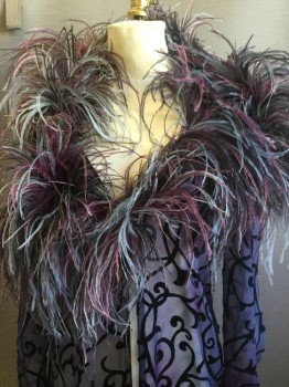 VICTORIAS SECRET, Navy Blue, Mauve Pink, Purple, Gray, Polyester, Swirl , Poly Chiffon with Navy Velvet Swirl Pattern, Open Front, Boa Ostrich Feathered Collar