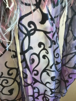 Womens, SPA Robe, VICTORIAS SECRET, Navy Blue, Mauve Pink, Purple, Gray, Polyester, Swirl , XS/S, Poly Chiffon with Navy Velvet Swirl Pattern, Open Front, Boa Ostrich Feathered Collar