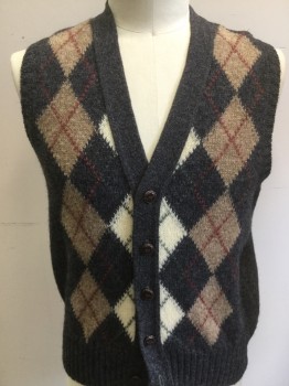TRADITIONALIST, Charcoal Gray, Brown, Cream, Red, Wool, Argyle, Sweater Vest, V-neck, Button Front,