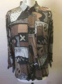 SURPRISE, Brown, Black, Gray, Taupe, Silk, Geometric, Abstract , Long Sleeve Button Front, Collar Attached, 1 Patch Pocket with Button Closure, Oversized Fit