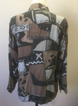 SURPRISE, Brown, Black, Gray, Taupe, Silk, Geometric, Abstract , Long Sleeve Button Front, Collar Attached, 1 Patch Pocket with Button Closure, Oversized Fit