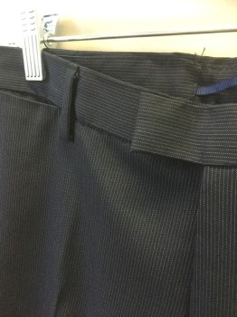 ZARA MAN, Navy Blue, White, Polyester, Viscose, Stripes - Pin, Navy with White Dotted Pinstripes, Flat Front, Tab Waist, Zip Fly, 5 Pockets Including 1 Watch Pocket, Slim Leg
