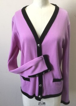 Womens, Sweater, ESCADA, Lilac Purple, Wool, Rayon, Solid, 4, Black Accents at Edges,  Knit, Long Sleeves, V-neck, 5 Silver Embossed Buttons, 2 Faux Pockets with Buttons, 4 Buttons at Each Cuff