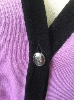 ESCADA, Lilac Purple, Wool, Rayon, Solid, Black Accents at Edges,  Knit, Long Sleeves, V-neck, 5 Silver Embossed Buttons, 2 Faux Pockets with Buttons, 4 Buttons at Each Cuff