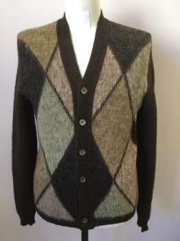 Mens, Sweater, BRENTWOOD SPORTSWEAR, Brown, Lt Brown, Tan Brown, Mint Green, Wool, Alpaca, Argyle, L, Cardigan, Faux Mother of Pearl Buttons, Solid Brown Sleeves/Placket, Ribbed Knit Waistband/Cuff, Has Been Slimmed Down