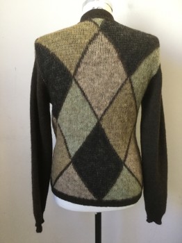 BRENTWOOD SPORTSWEAR, Brown, Lt Brown, Tan Brown, Mint Green, Wool, Alpaca, Argyle, Cardigan, Faux Mother of Pearl Buttons, Solid Brown Sleeves/Placket, Ribbed Knit Waistband/Cuff, Has Been Slimmed Down