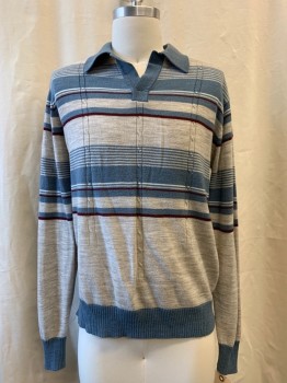Mens, Sweater, ROYAL KNIGHT, Heather Gray, Dusty Blue, Red Burgundy, Acrylic, Stripes, L, V-neck, Collar Attached, Long Sleeves,