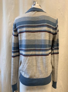 Mens, Sweater, ROYAL KNIGHT, Heather Gray, Dusty Blue, Red Burgundy, Acrylic, Stripes, L, V-neck, Collar Attached, Long Sleeves,
