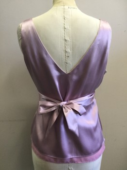 Womens, Top, NIC & ZOE, Lilac Purple, Silk, Solid, 8, Sleeveless, Surplice Knot Front Top with Self Tie, Sheer Lining Longer Than Top, Side Zip