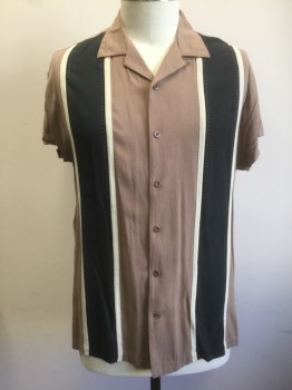NAT NAST, Lt Brown, Black, Taupe, Silk, Color Blocking, Light Brown with Black and Taupe Vertical Panels at Either Side of Front, Short Sleeve Button Front, Collar Attached, Retro Style, **Has a Double