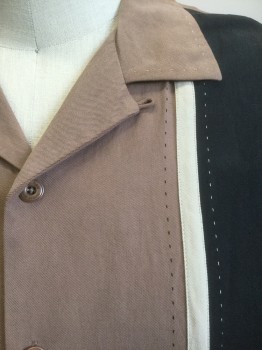 NAT NAST, Lt Brown, Black, Taupe, Silk, Color Blocking, Light Brown with Black and Taupe Vertical Panels at Either Side of Front, Short Sleeve Button Front, Collar Attached, Retro Style, **Has a Double