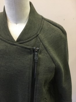 Womens, Casual Jacket, NIKE, Olive Green, Cotton, Polyester, Heathered, S, Jersey Knit Front and Sleeves, Raglan Sleeves, Off Center Zip, 2 Zip Pockets, Ribbed Knit Stand Collar, Ribbed Knit Cuff/Waistband, Polyester Horizontal Stripe Puff Back with Perforated Stripes