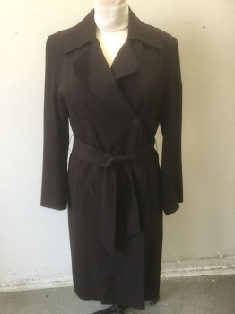JACQUELINE CONOIR, Dk Brown, Polyester, Viscose, Solid, Twill Weave, Double Breasted, Wide Lapel/Collar, 2 Welt Pockets at Hips, Lightly Padded Shoulders, Below Knee Length, **With Matching Self Belt