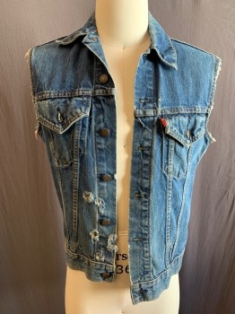 Mens, Vest, LEVI'S , Blue, Cotton, Solid, 38, Collar Attached,aged Brass Button Front, Frayed Arm Holes & Distress Holes on Right Bottom Front, Denim
