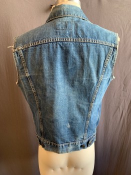 Mens, Vest, LEVI'S , Blue, Cotton, Solid, 38, Collar Attached,aged Brass Button Front, Frayed Arm Holes & Distress Holes on Right Bottom Front, Denim