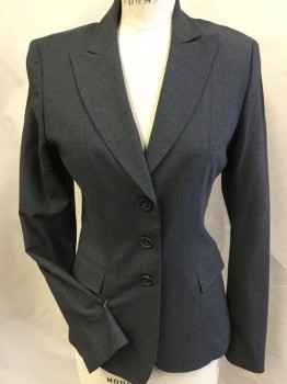 Womens, Suit, Jacket, E. TAHARI, Charcoal Gray, Baby Blue, Wool, Polyester, Heathered, Stripes - Vertical , B34, 6, Jacket, Heather Charcoal Gray with Baby Blue Fine Vertical Stripes, Peek Lapel, Single Breasted, 3 Button Front, 2 Pockets.