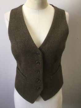 Womens, Vest, BROOKS BROTHERS, Brown, Olive Green, Wool, Herringbone, 2, Single Breasted, 5 Button Front, 2 Faux Welt Pockets, Princess Seams, Solid Brown Lining and Back, Belted Back