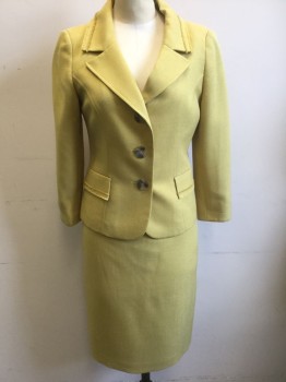 Womens, Suit, Jacket, EVAN PICONE, Sunflower Yellow, Polyester, Solid, B 34, 4, Single Breasted, Notched Lapel, 3 Large Tortoise Shell Buttons, 2 Flap Pockets, Self Fringe Trim on Pockets and Lapel, Leopard Pattern Lining