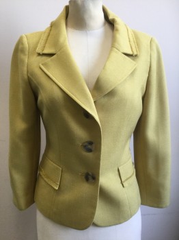 Womens, Suit, Jacket, EVAN PICONE, Sunflower Yellow, Polyester, Solid, B 34, 4, Single Breasted, Notched Lapel, 3 Large Tortoise Shell Buttons, 2 Flap Pockets, Self Fringe Trim on Pockets and Lapel, Leopard Pattern Lining