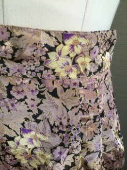 Womens, Skirt, Knee Length, PIMSIRI, Lavender Purple, Black, Cream, Purple, Silk, Floral, H:34, W:26, Light Lavender Leaves on Black Background, Cream and Purple Flowers, Pencil Skirt with 2 Tiers of Self Ruffles at Hem, 2" Wide Self Waistband, Invisible Zipper at Center Back