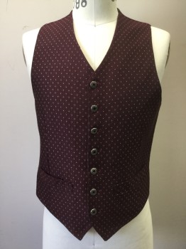 MTO, Red Burgundy, Silver, Black, Silk, Medallion Pattern, Dots, Burgundy with Black Circle Medallions with Square Silver Dots, Button Front, 2 Pockets,