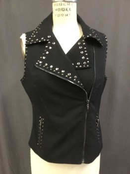 Womens, Vest, MINKAS, Black, Pewter Gray, Polyester, Solid, S, Asymmetrical Front Zip, Studded Collar, Armholes and Pockets