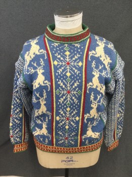 Mens, Pullover Sweater, N/L, Lt Blue, Red, Yellow, White, Wool, Holiday, Stripes - Vertical , XL, Deer/Snowflake Stripes, Long Sleeves, Green/Red Greek Key High Neck, Yellow/Red Greek Key Waistband/Cuff