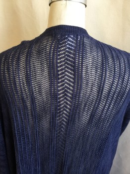CHARTER CLUB, Navy Blue, Ramie, Rayon, Heathered, 1" Ribbed Open Front, Vertical Herringbone Patter, 3/4  Sleeves,
