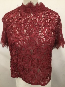 Womens, Top, ZARA, Wine Red, Polyester, Spandex, Floral, S, Lace, Rope Applique Detail, Short Sleeves, Scalloped Mock Neck, Back Zipper,