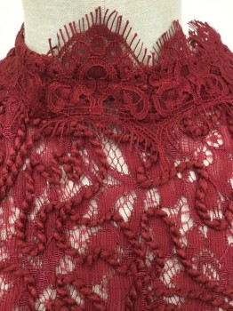 ZARA, Wine Red, Polyester, Spandex, Floral, Lace, Rope Applique Detail, Short Sleeves, Scalloped Mock Neck, Back Zipper,