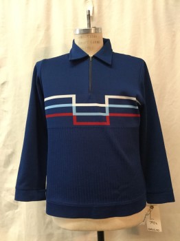 Mens, Sweater, GAUCHO, Dk Blue, White, Lt Blue, Red, Synthetic, Geometric, L, Zip Neck, Collar Attached, Long Sleeves,