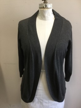 SIMPLY EMMA, Dk Gray, Rayon, Polyester, Solid, Open Front, 3/4 Sleeve, Ribbed Knit Lapel/Waistband/Hem/Cuff