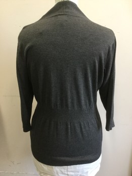 SIMPLY EMMA, Dk Gray, Rayon, Polyester, Solid, Open Front, 3/4 Sleeve, Ribbed Knit Lapel/Waistband/Hem/Cuff