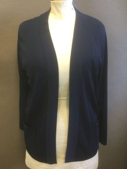 ANNE KLEIN, Navy Blue, Polyester, Viscose, Solid, Lightweight Knit, Long Sleeves, Open at Center Front with No Closures, 2 Pockets at Hips with Button Closures