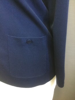 ANNE KLEIN, Navy Blue, Polyester, Viscose, Solid, Lightweight Knit, Long Sleeves, Open at Center Front with No Closures, 2 Pockets at Hips with Button Closures