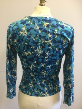 ANNE KLEIN, Cornflower Blue, Turquoise Blue, Green, Silk, Nylon, Floral, Fabric Coverred Snap Front, Printed Hydrangeas